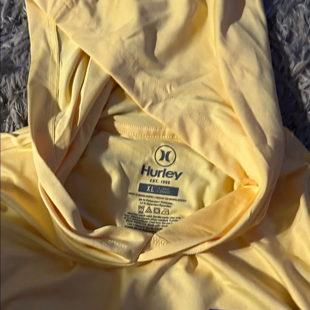 Hurley Pale Yellow Long Sleeve Hoodie Tee with Beach Graphic